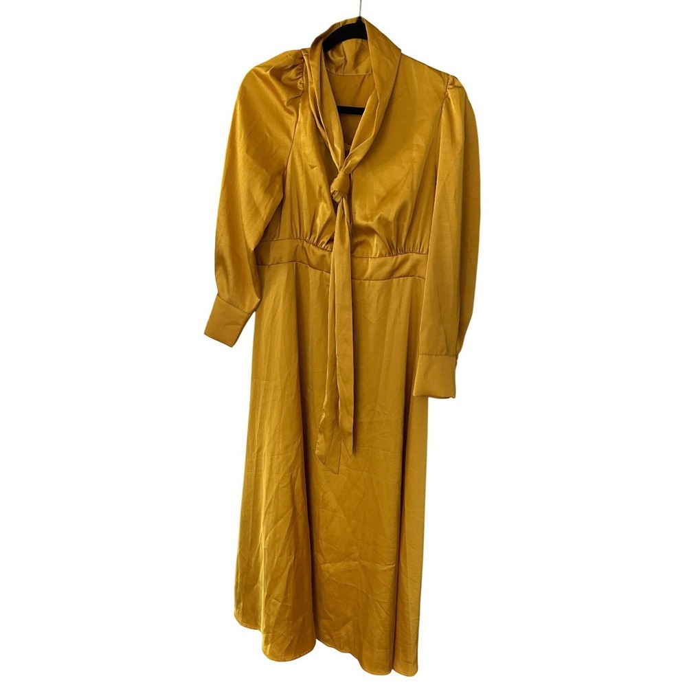 SHEIN Curve Gold Satin Bow Tie Neck Flare Hem Midi Dress Womens Size 1XL
